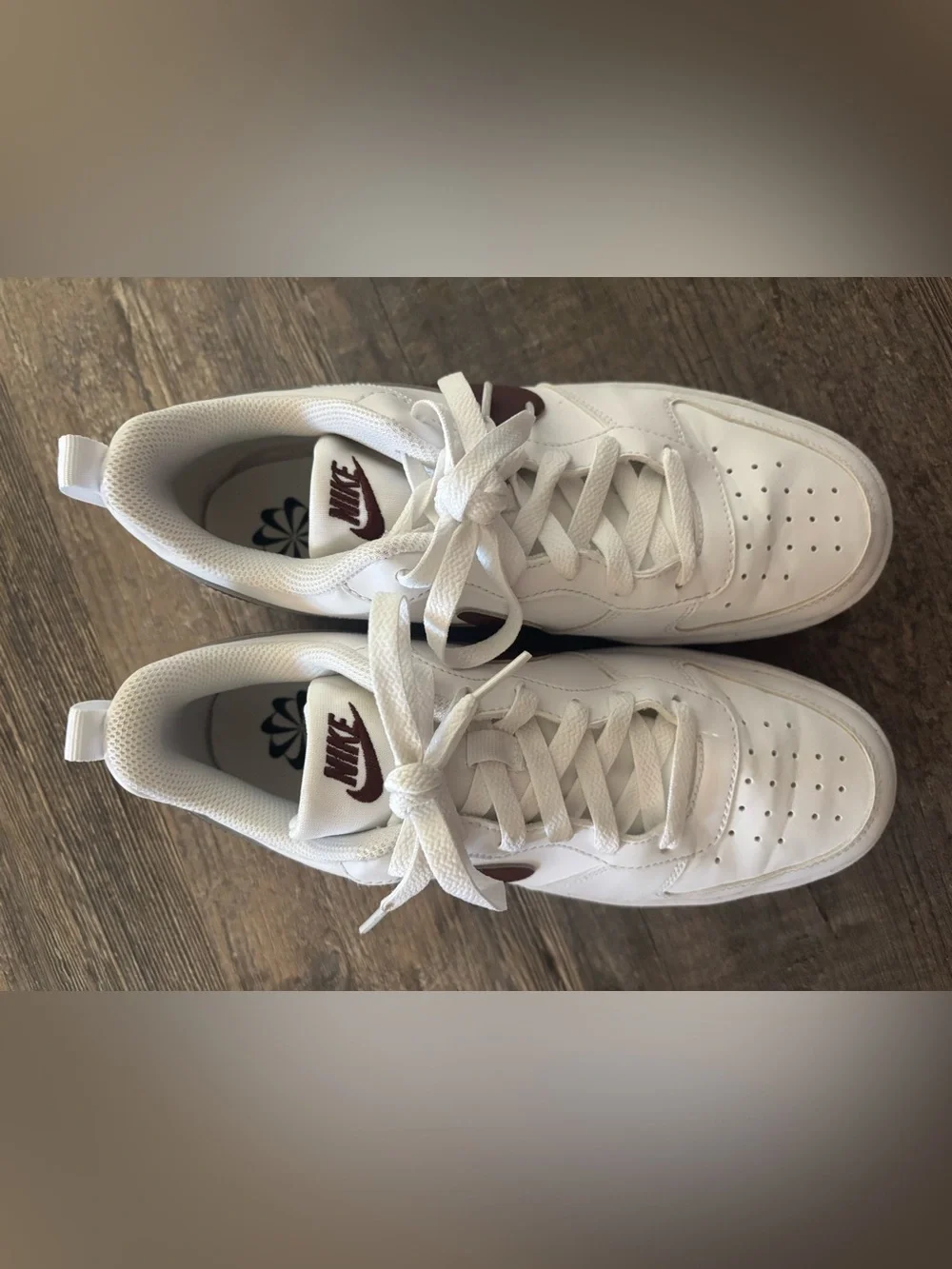 Nike White Low-Top Sneakers with Dark Burgundy Swoosh